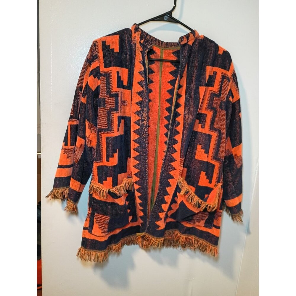 Vintage Martex Terry Cloth Aztec Southwestern Jacket Fringe 60s 70s Orange Black